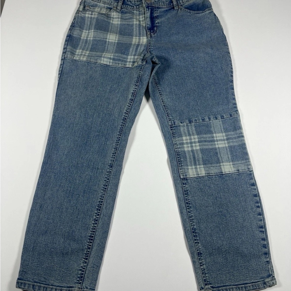Cato Women’s Relaxed Blue Jeans with Plaid Accents Wide Leg Jeans